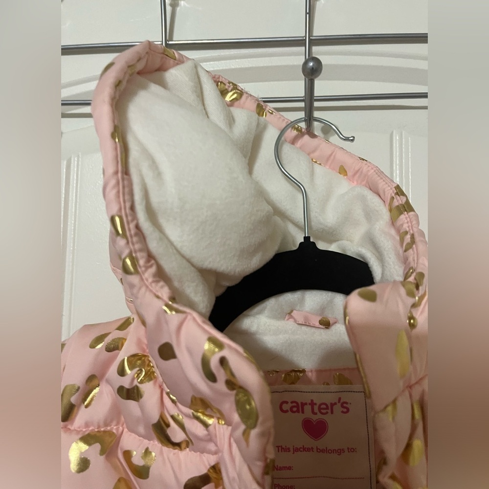 Carter’s Pink Leopard Puffer Jacket with hoodie girls sz 12m. - Picture 3 of 5